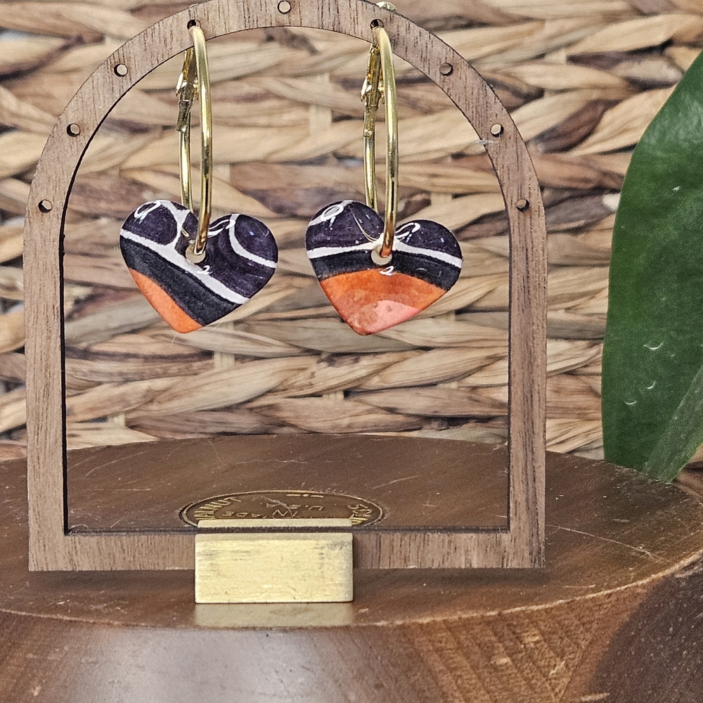 Hearts On Gold Hoops Black White And Sienna  Earrings. Handmade Paper ,resin